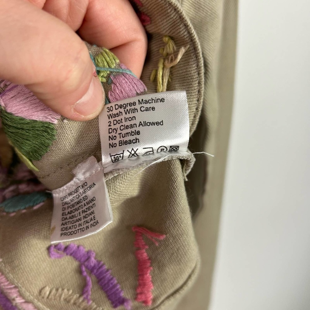 NEW Antica Sartoria Tan Denim Jacket Embroidered Flowers Size 2 - Picture 9 of 11